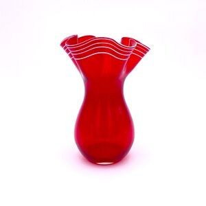 Unique Hand Blown Red Blown Glass Vase White Applied Swirl Handerkerchief Edge